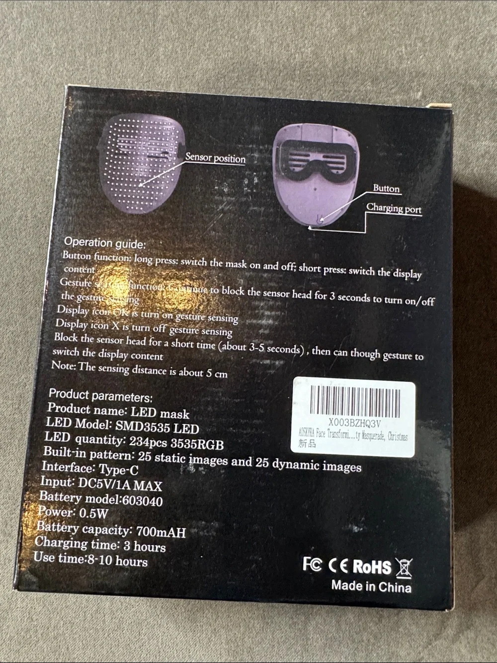 LED Light Up Face Mask with Gesture Sensing Halloween Party Rechargeable NEW